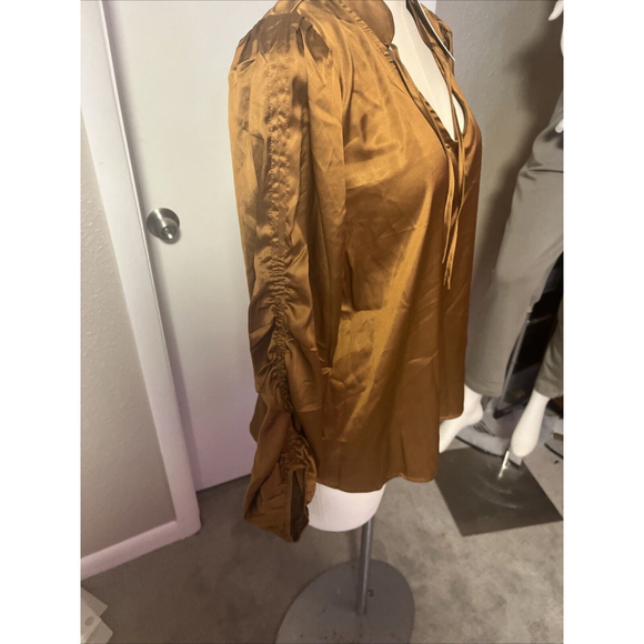 Women’s Rouched Long Sleeve Silky Soft Copper Vneck Blouse By Paparazzi - Picture 9 of 15